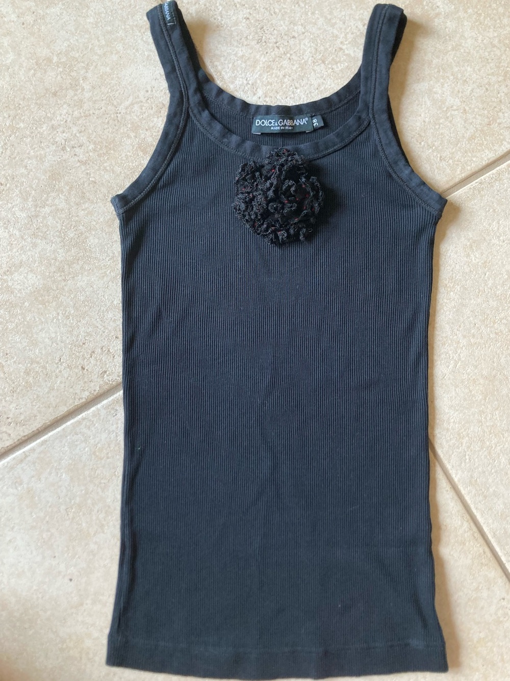 Dolce & Gabbana Black Ribbed Top with Decorative Floral Cluster